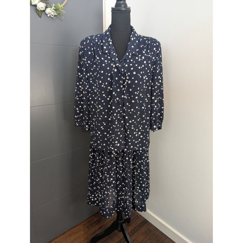 Vintage Campus Casuals Navy Polka Dot‎ Two-Piece Set - Blouse & Skirt - 14
